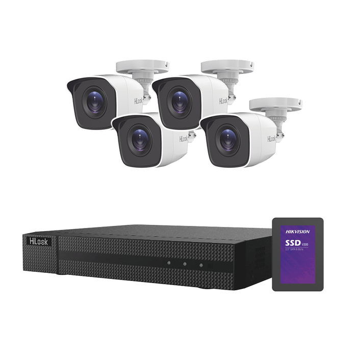 KIT TurboHD + SSD de 500 GB / DVR / 4 Cámaras Bala de Metal / Fuente de Poder 
